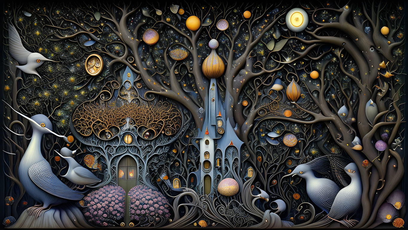 Fantasy artwork: Stylized trees, celestial elements, peacocks in mystical forest.