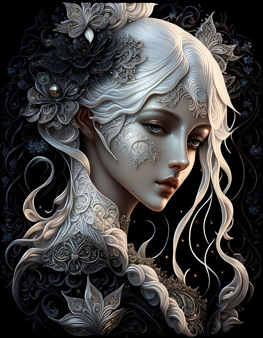 Detailed digital artwork: Woman with floral adornments and white hair on dark background