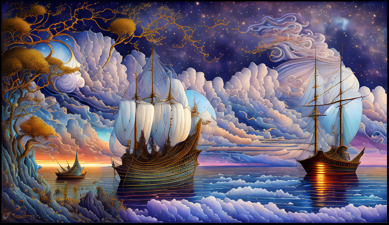 Fantastical painting of three ships on a swirling sea with golden tree under starry sky