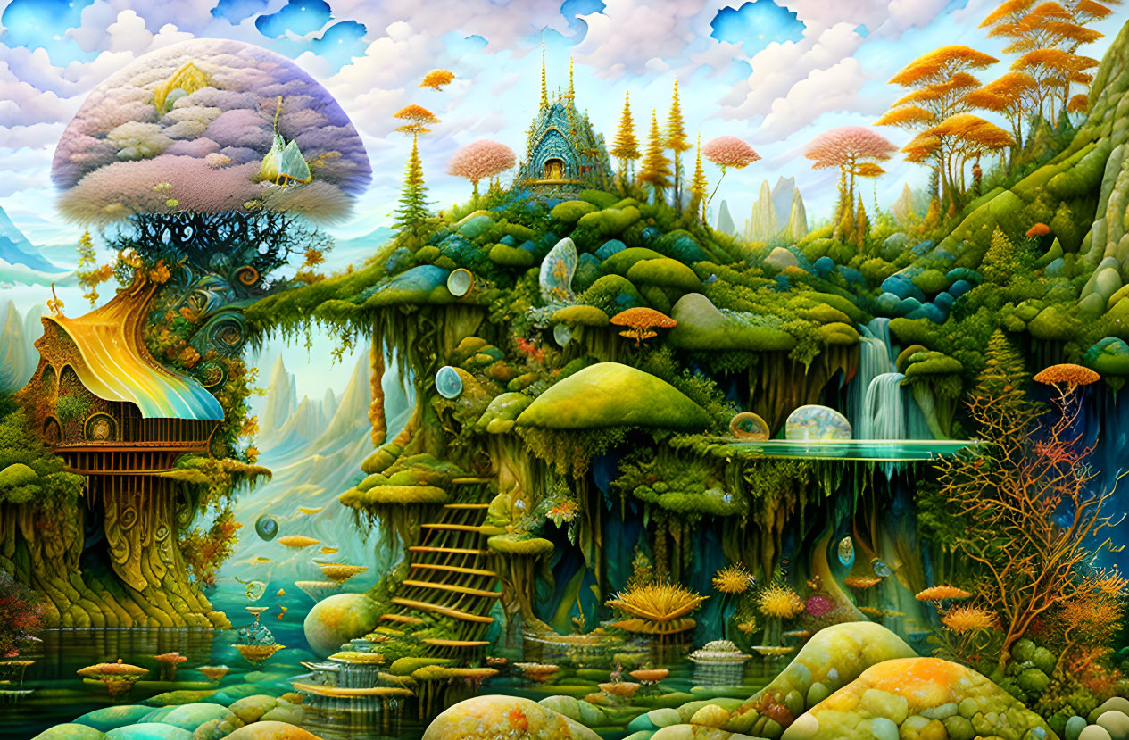 Fantasy landscape with whimsical structures and lush greenery