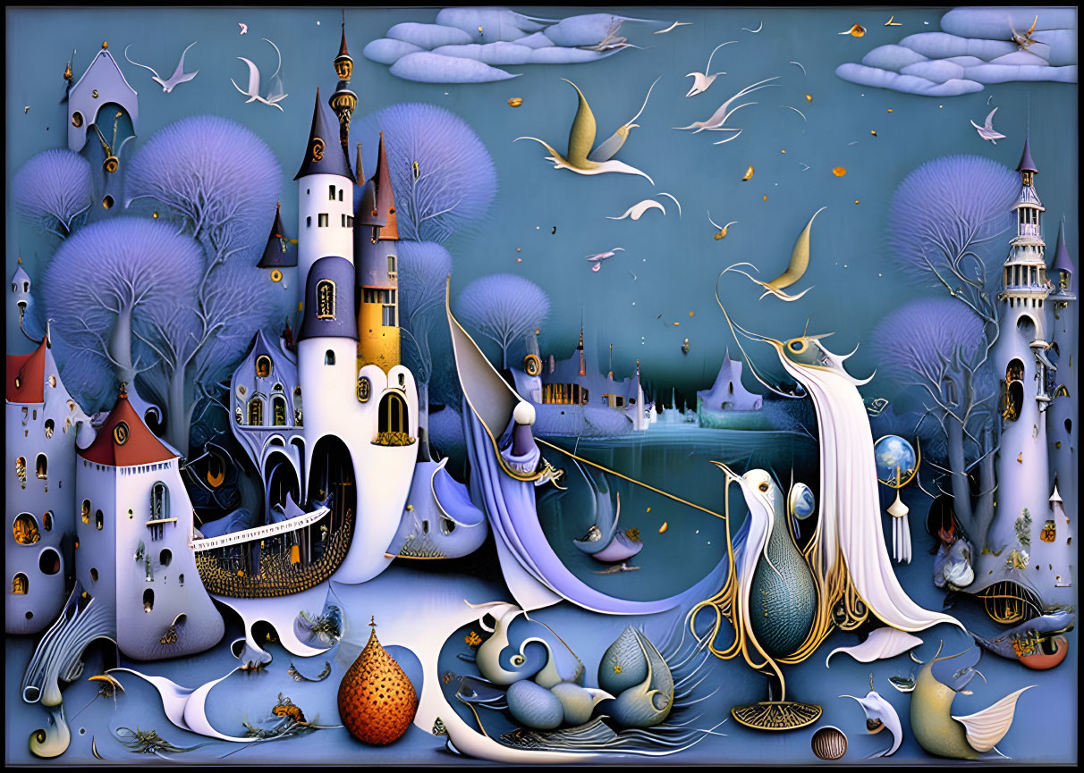 Surreal artwork with castles, trees, birds, and creatures in a dreamlike blue landscape