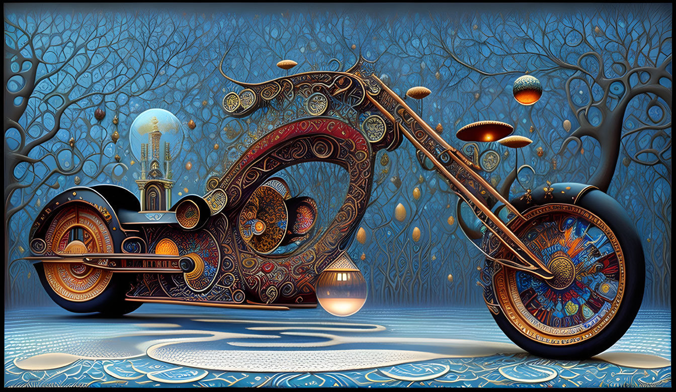 Ornately Decorated Surreal Motorcycle in Fantastical Scene