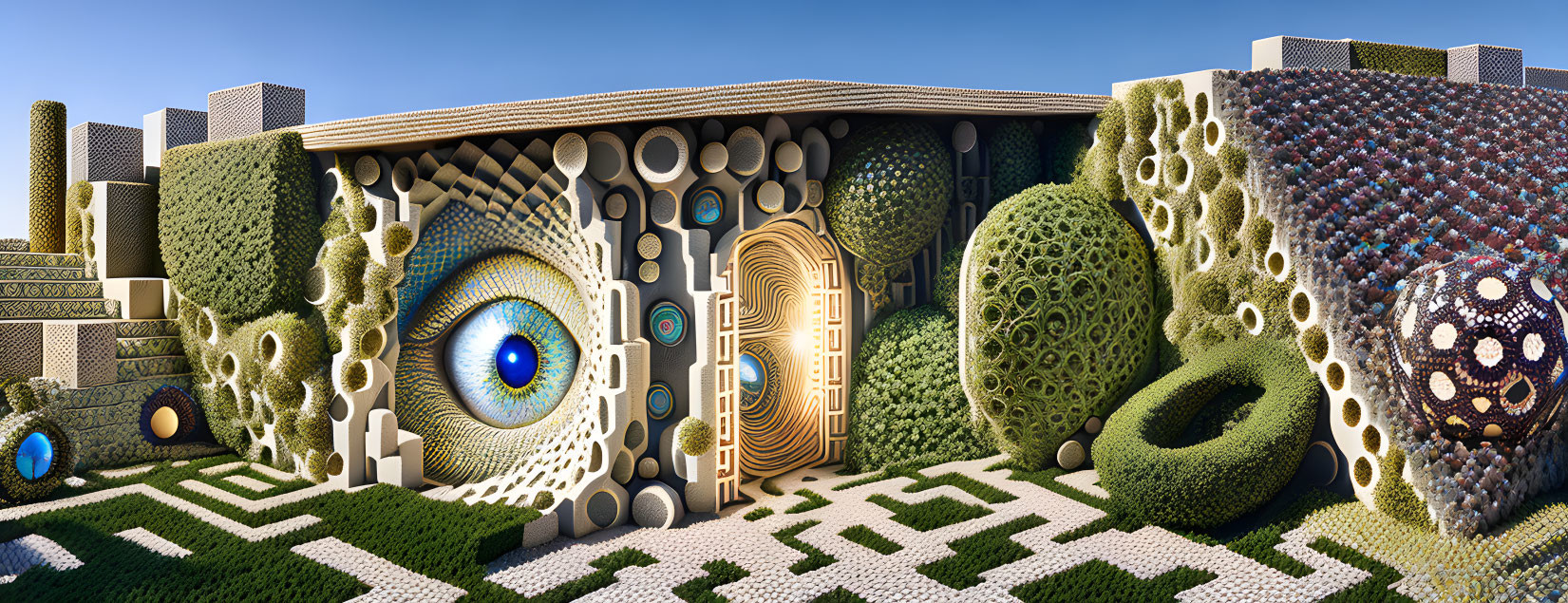 Surreal landscape featuring eye-shaped entrance, intricate patterns, and textured vegetation