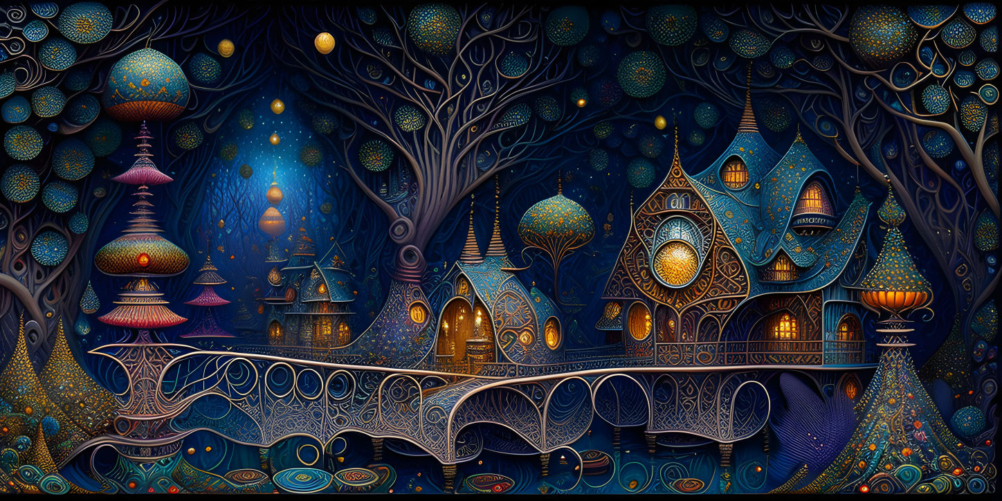 Fantasy landscape with colorful trees, houses, and bridges at night