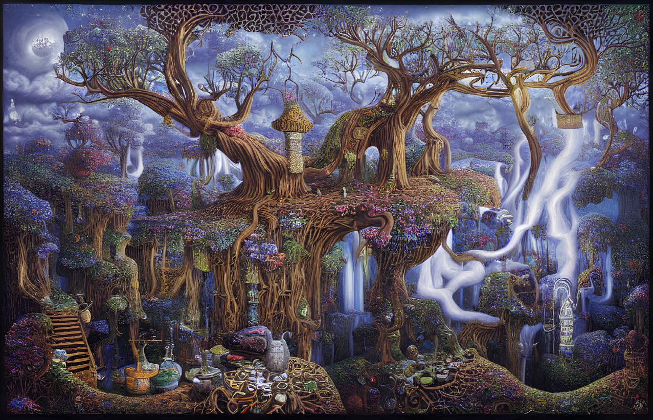 Fantastical landscape with enchanted tree, whimsical houses, mist, waterfalls, and colorful flora