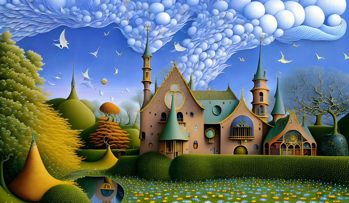 Colorful Stylized Landscape with Houses, Trees, Sky, and Birds