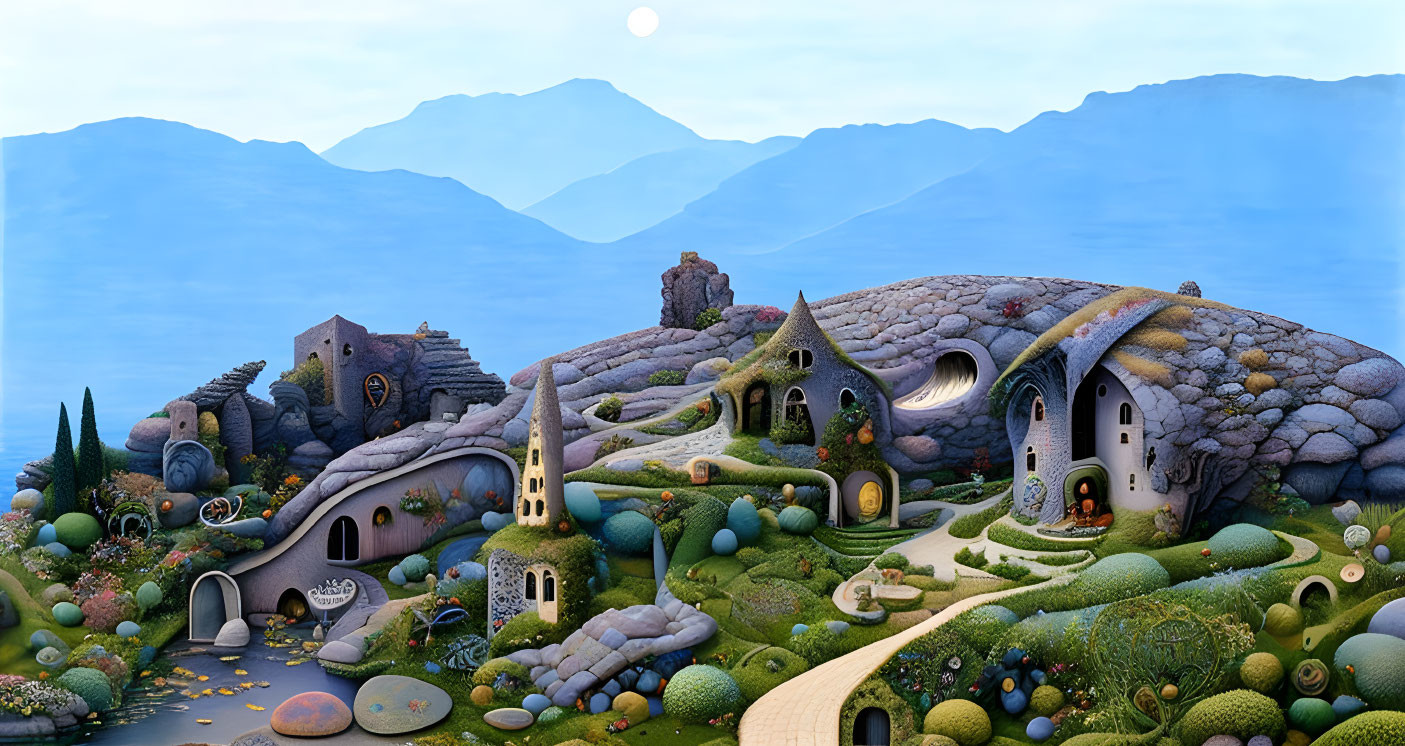 Whimsical houses in fantasy landscape under blue sky