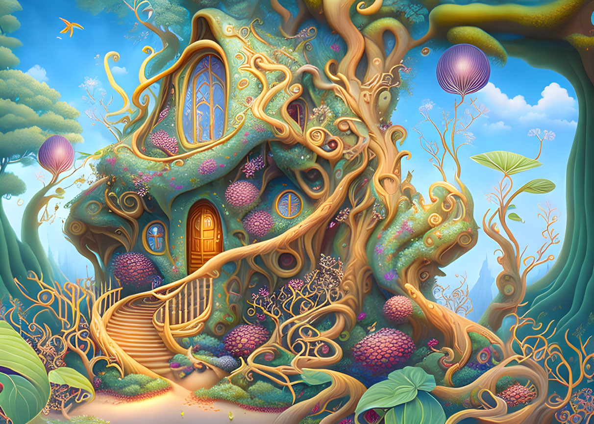 Fantastical Treehouse Illustration with Vibrant Colors