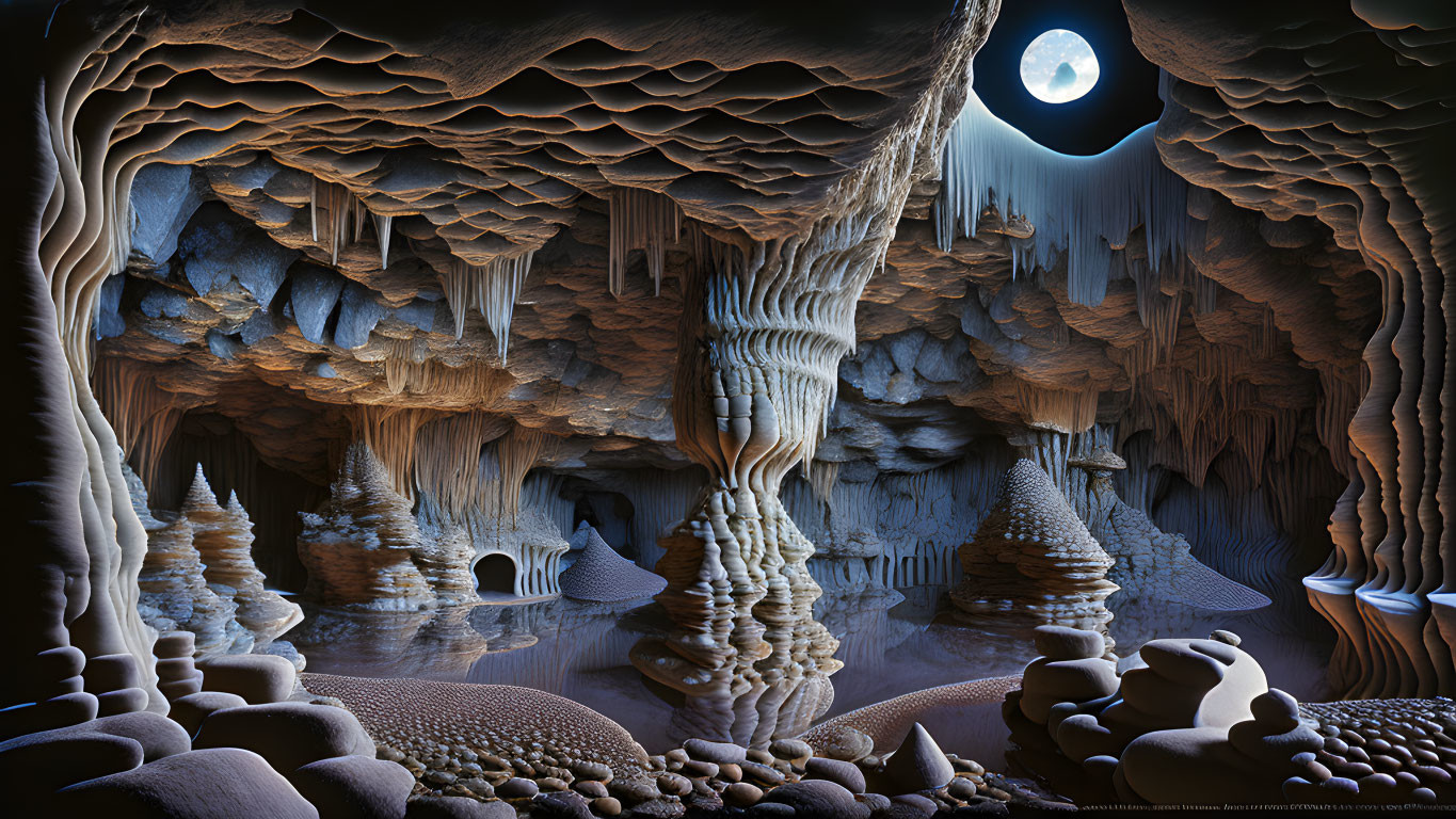 Moonlit surreal subterranean landscape with intricate rock formations