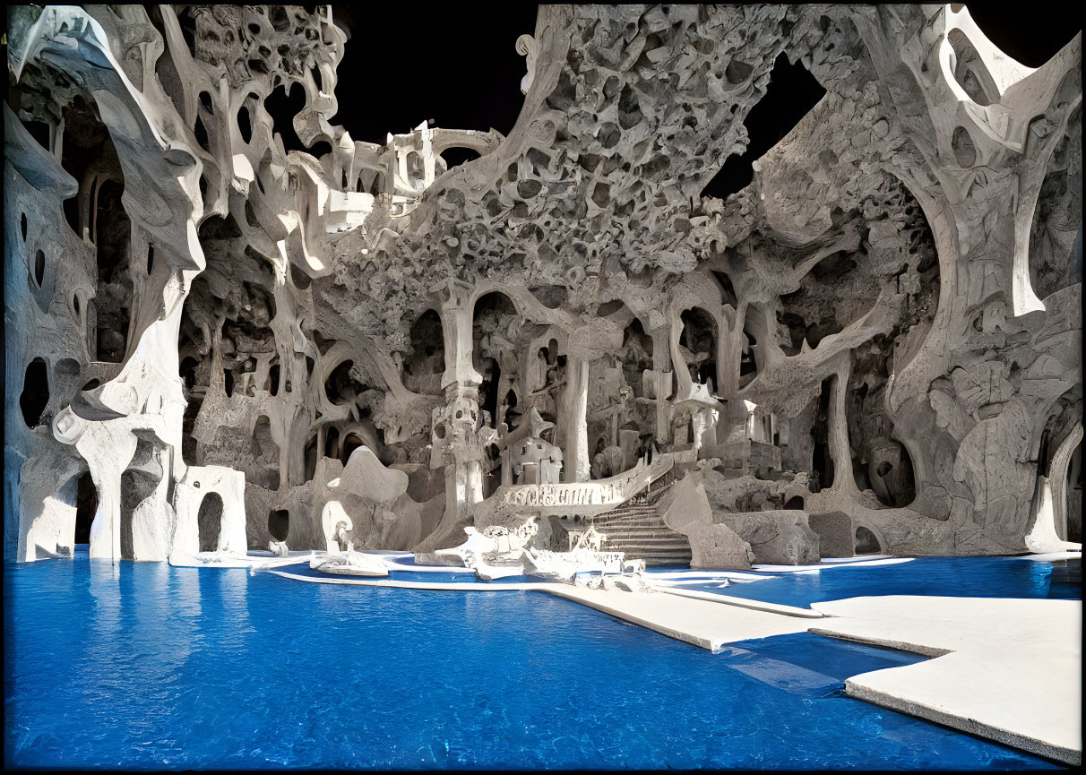 Surreal organic architecture scene with vibrant blue pool and bone-like structures