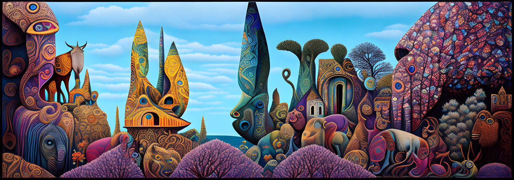 Colorful surreal landscape with stylized trees and whimsical structures