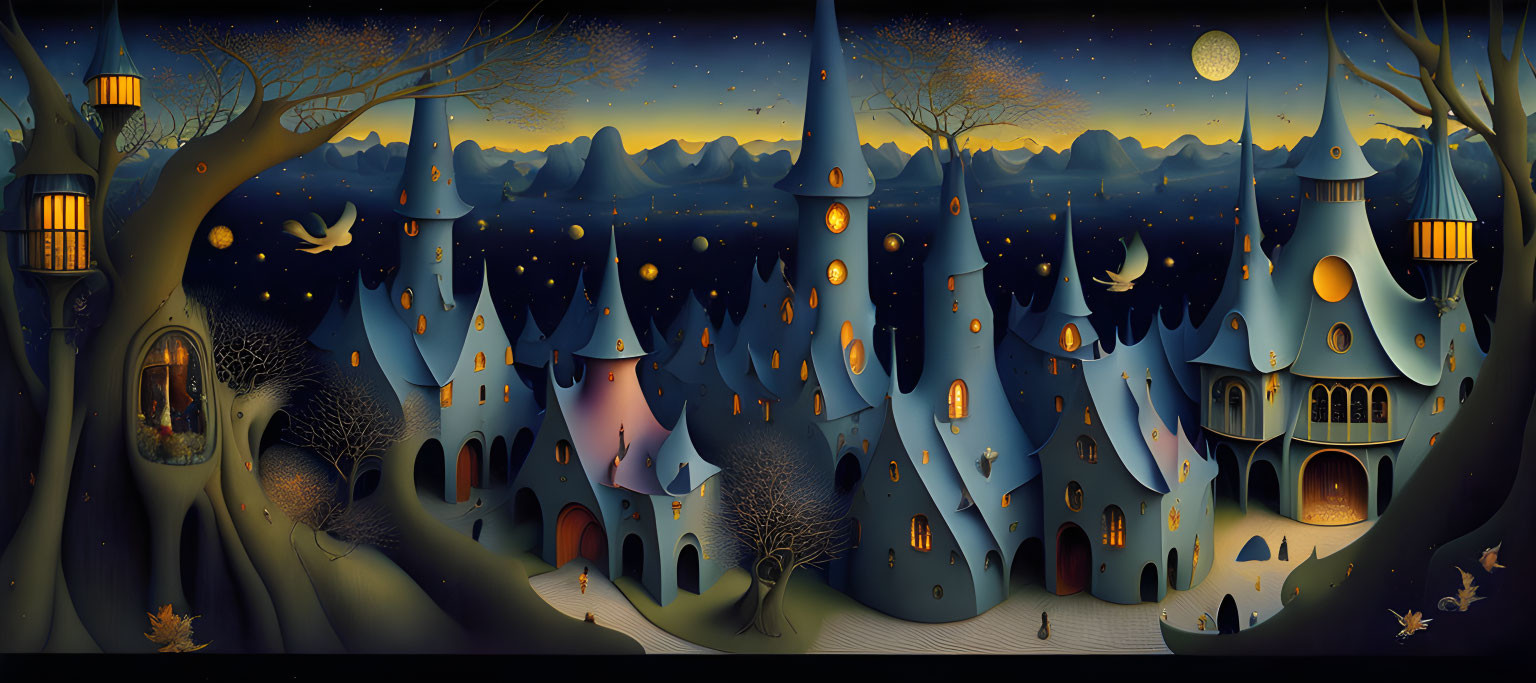 Stylized night scene with whimsical houses, owls, crescent moon