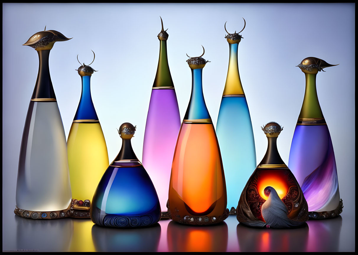 Colorful glass bottles with metal bird figures and unique embellishments