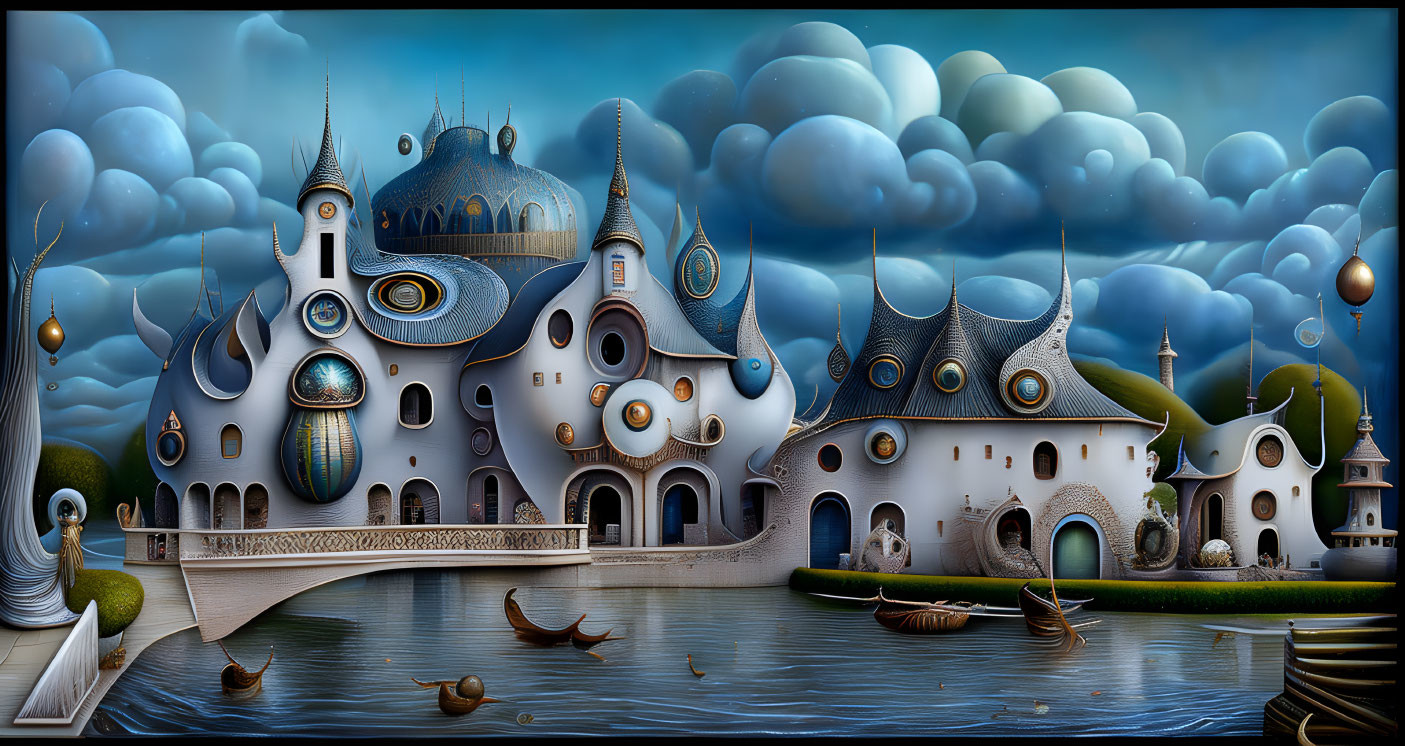 Surreal fairytale castle with bulbous towers and reflective water body