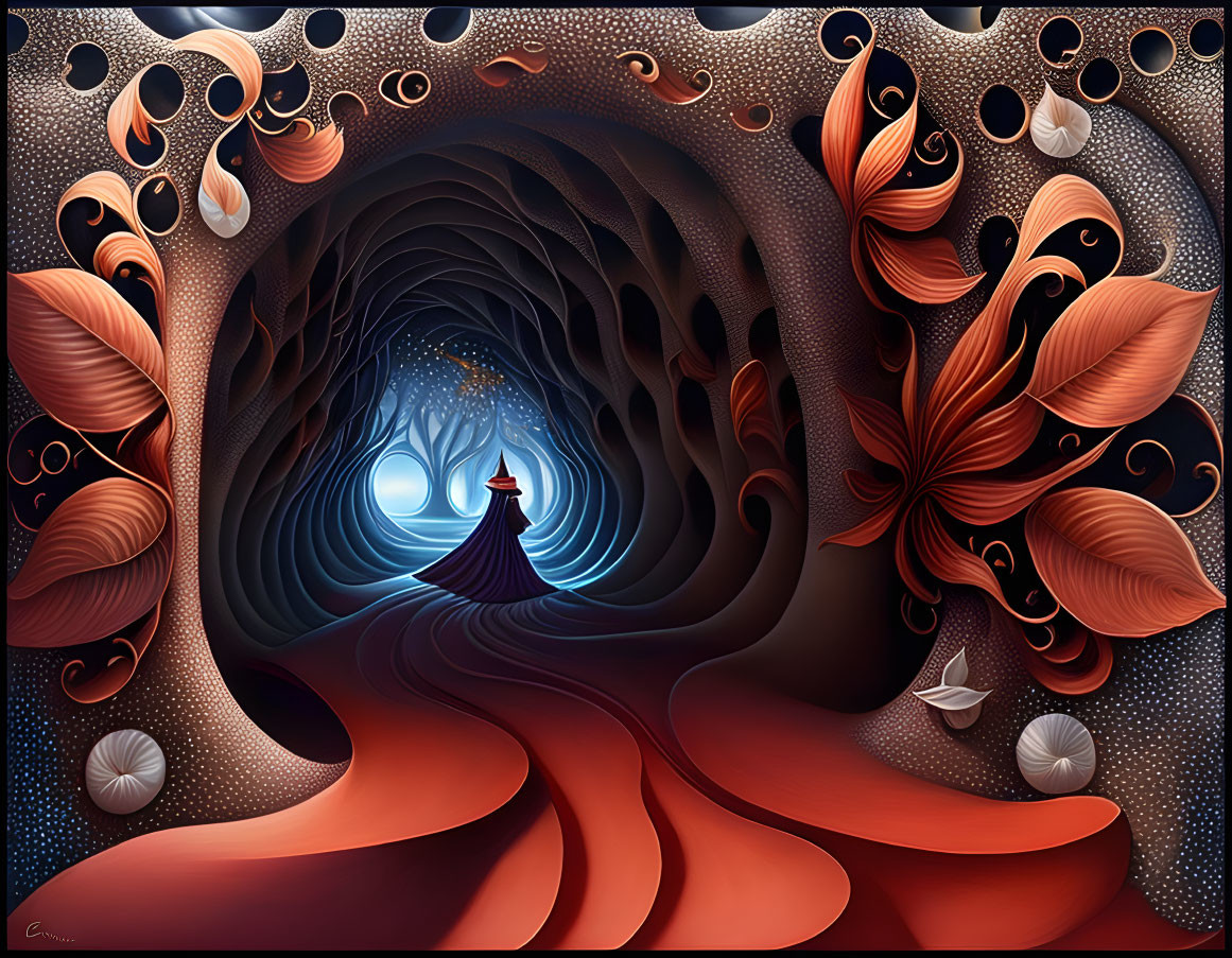 Surreal digital artwork of person in red cloak in ornate tunnel landscape