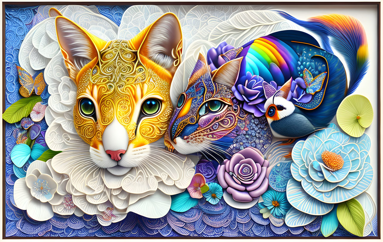 Colorful digital artwork of a three-faced creature with cat, fish, and bird features, adorned with