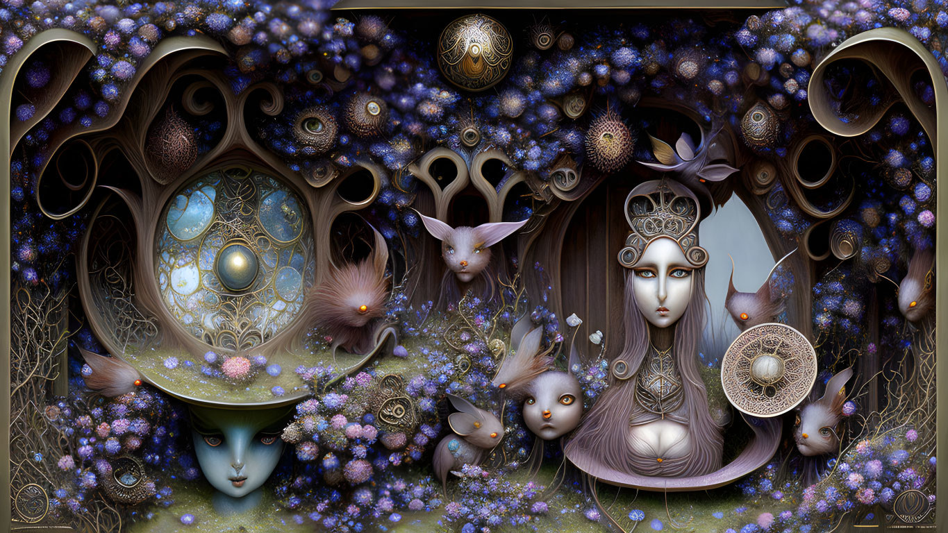 Digital artwork featuring central female figure, whimsical creatures, celestial motifs, and lush flora in fantastical