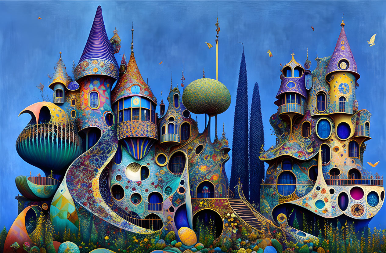 Whimsical fantasy landscape with Gaudi-inspired towers