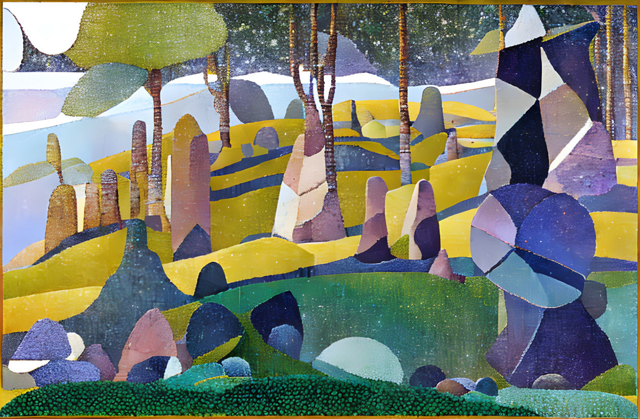 Vibrant Mosaic Landscape with Abstract Trees and Hills in Blue, Yellow, Green