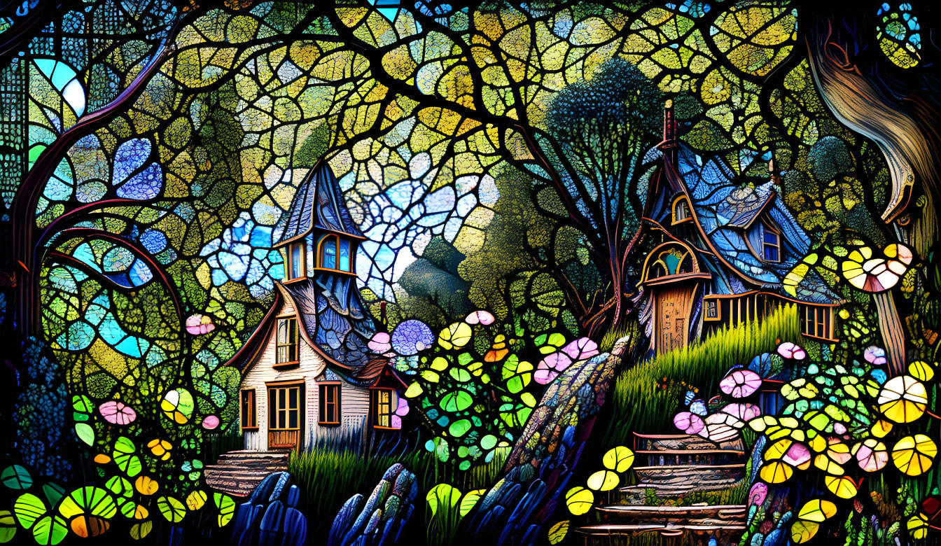 Colorful stained glass-style illustration of whimsical houses and nature patterns