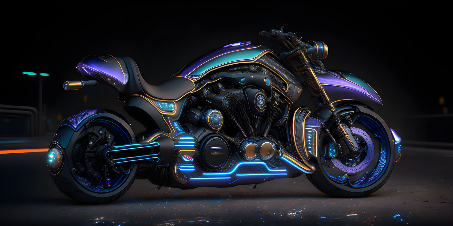 Sleek futuristic motorcycle with neon lights on urban street