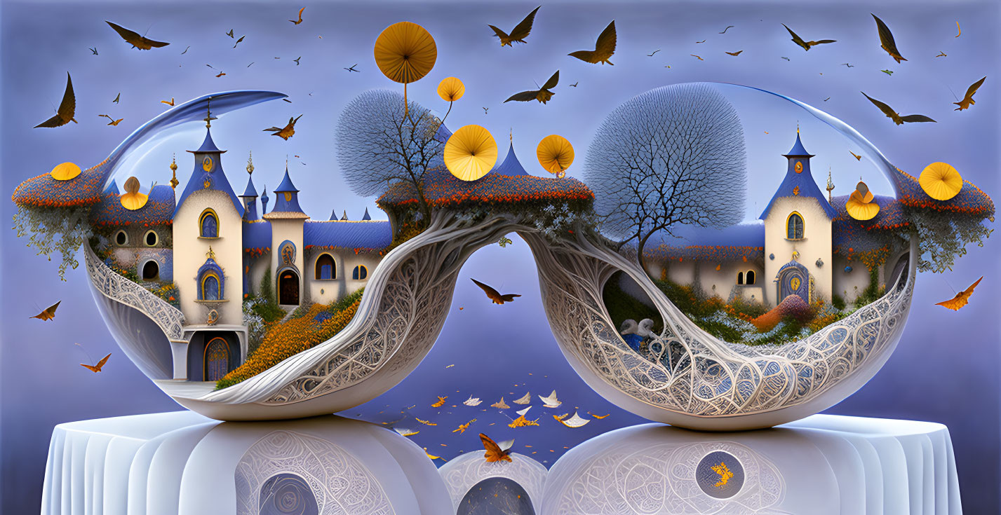 Symmetrical surreal landscape with whimsical castles, trees, birds, lanterns, and serene water