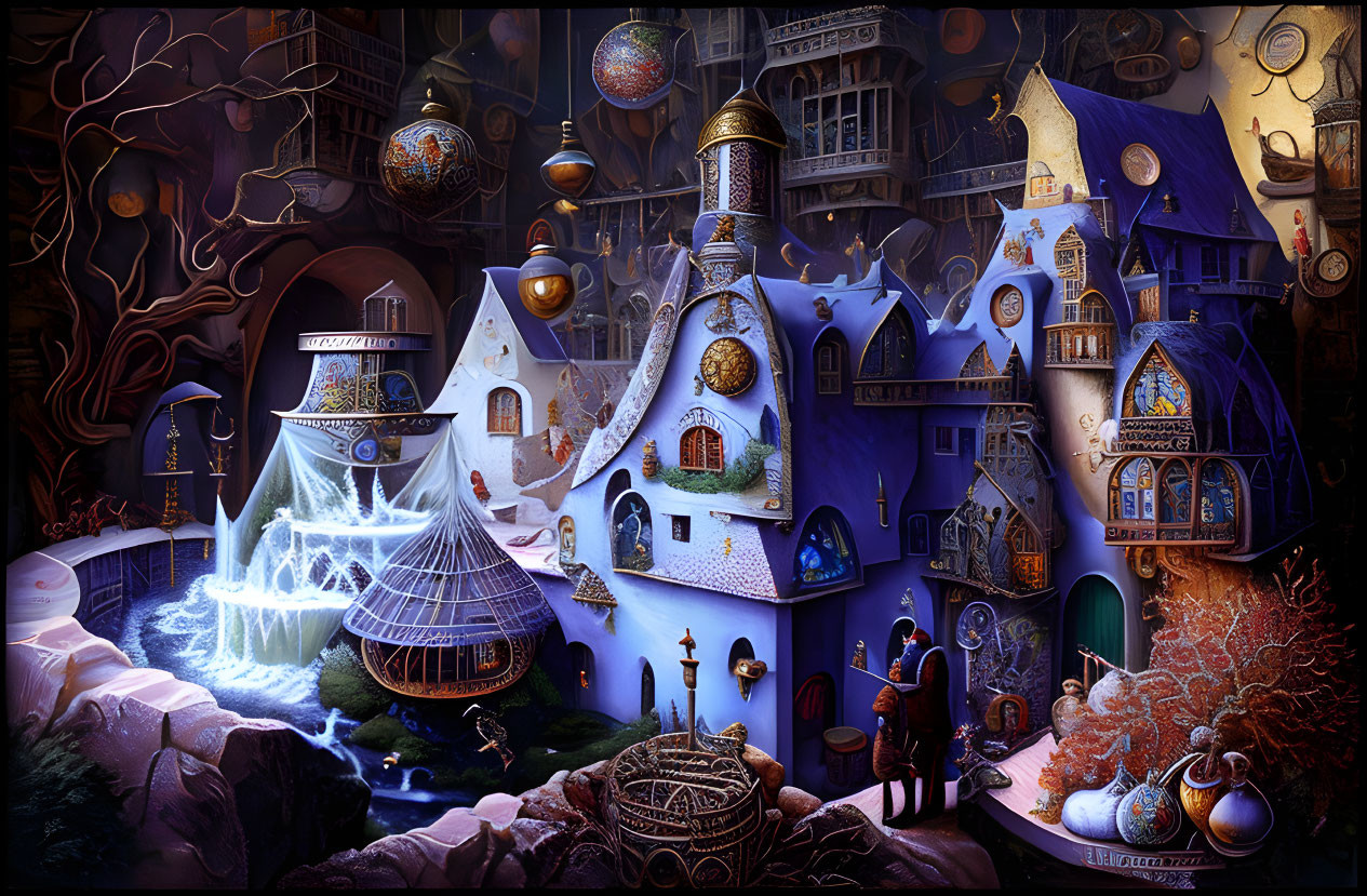 Fantasy artwork of enchanted village with whimsical buildings, glowing lanterns, mysterious pathways, surreal trees