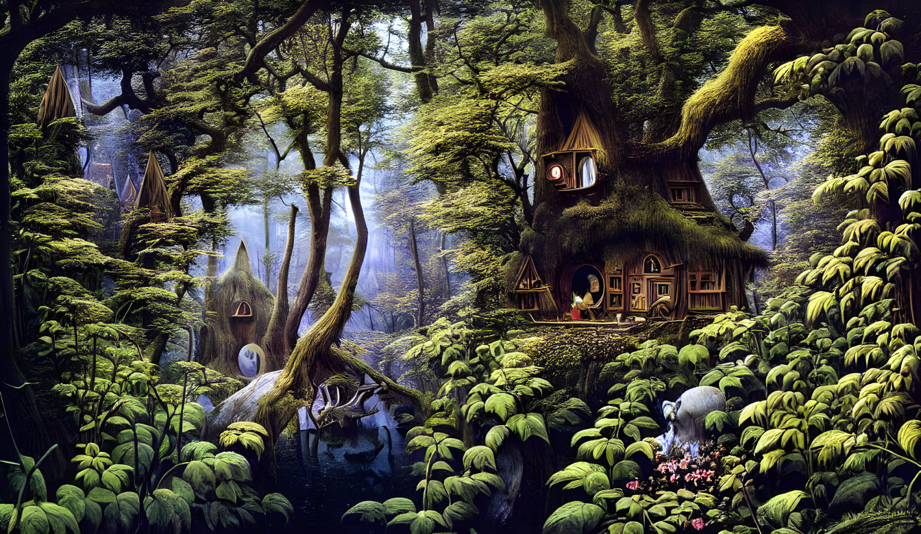 Enchanting forest with lush greenery and whimsical treehouses