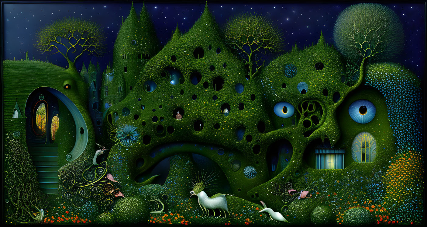 Whimsical green structures, peacock, and starlit trees landscape