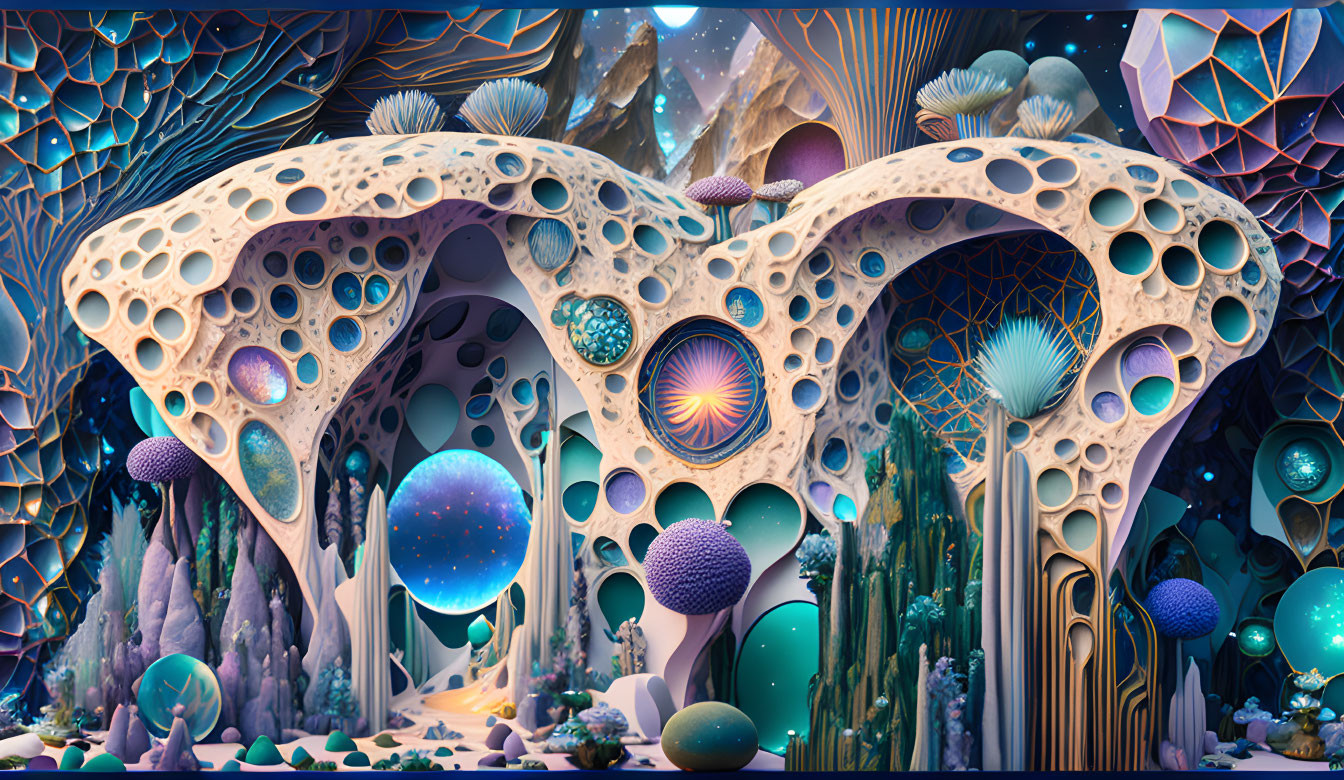 Alien landscape with porous rock formations, vibrant vegetation, and glowing orbs.