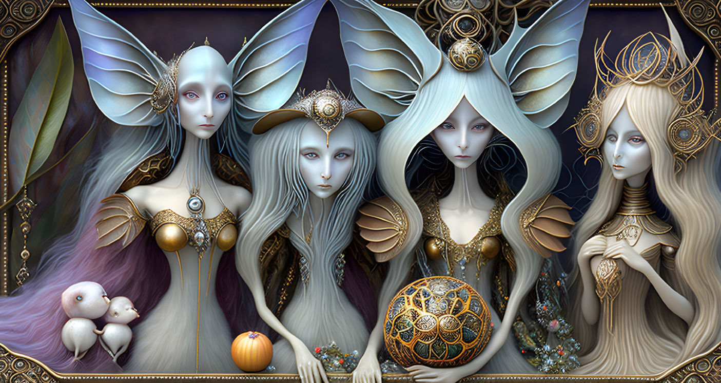 Four ethereal beings with elongated ears, crowns, butterfly wings, and golden attire.