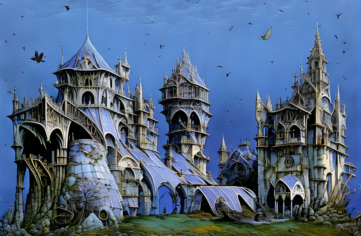 Gothic-style fantasy castle with spires and arches under blue sky