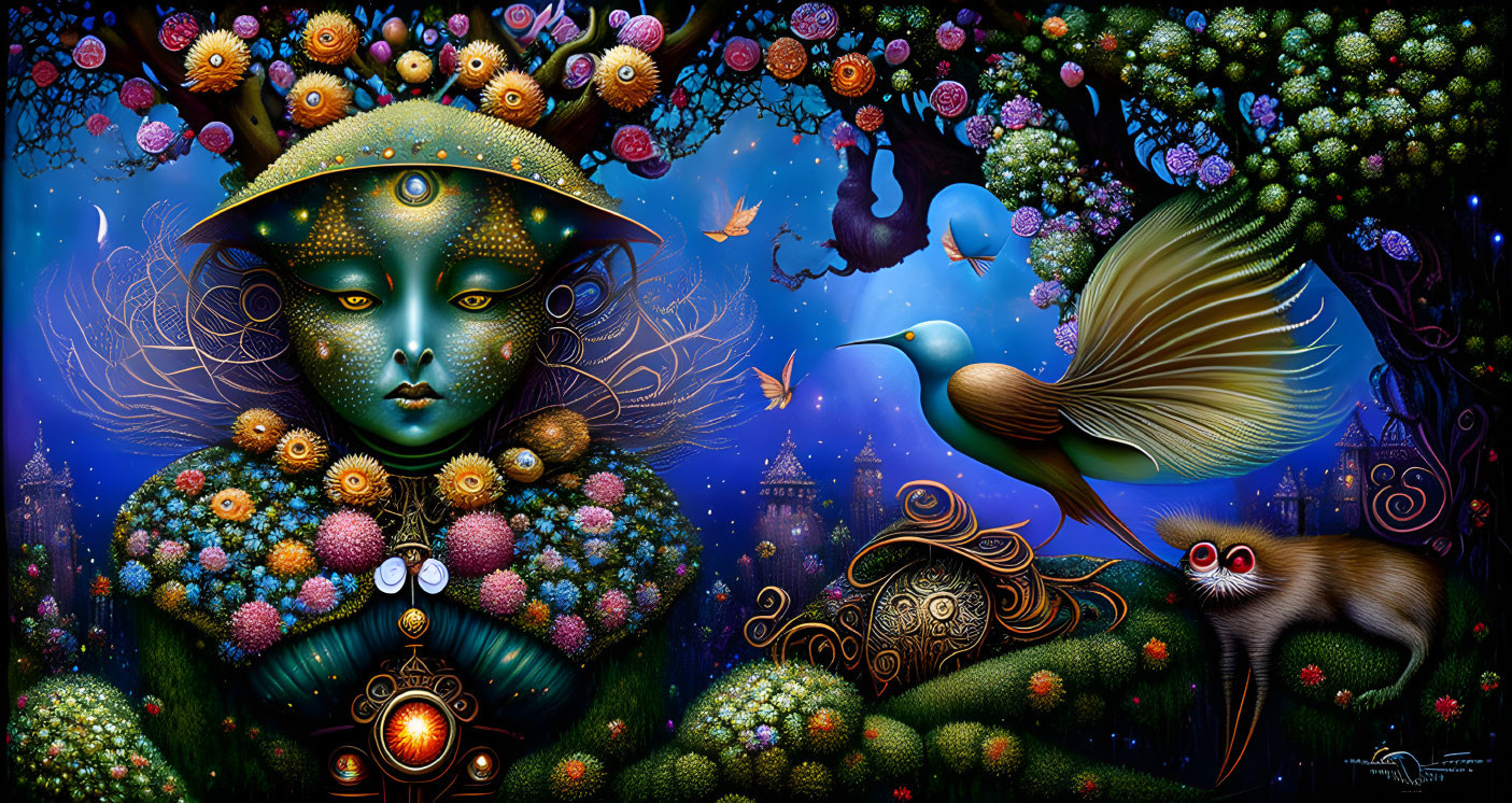 Colorful artwork: mystical being, multiple eyes, peacock, monkey, flora, fauna