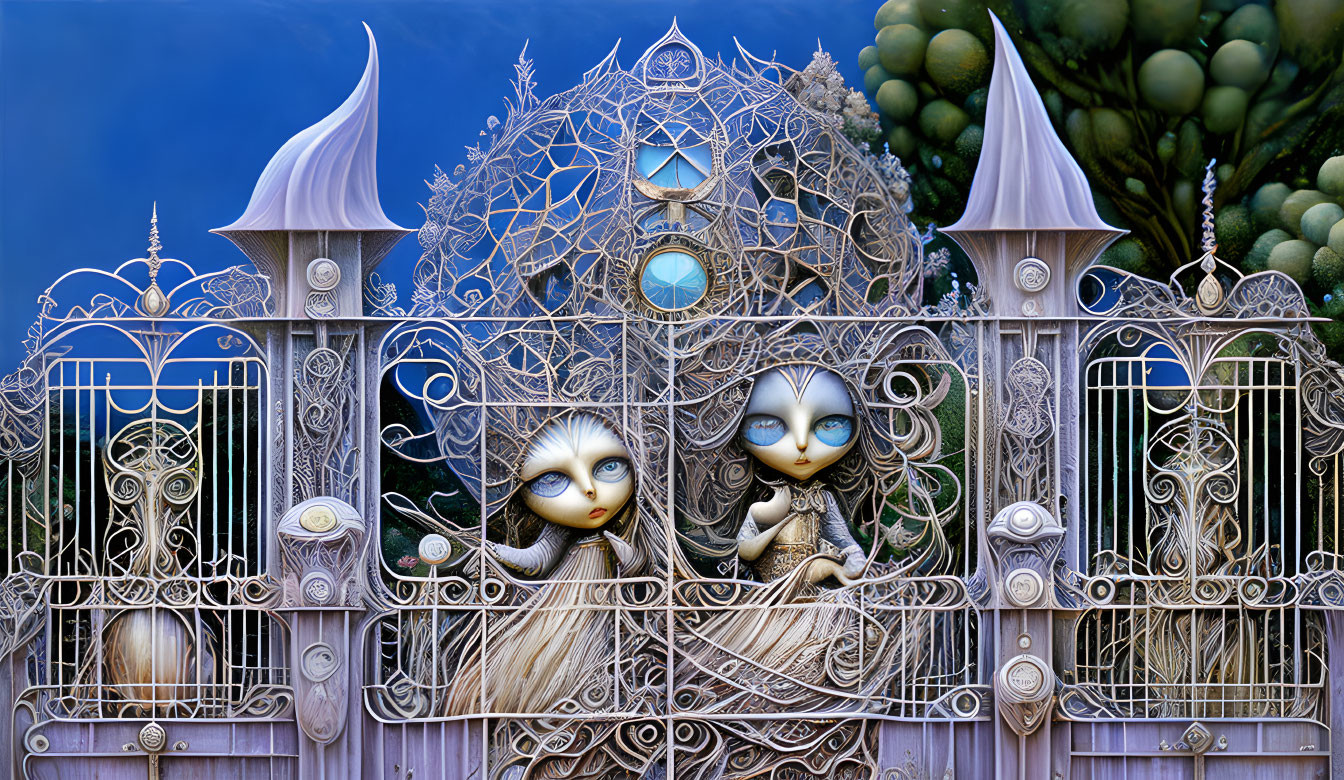 Fantasy illustration of ornate gate with doll-like figures and mystical blue glow