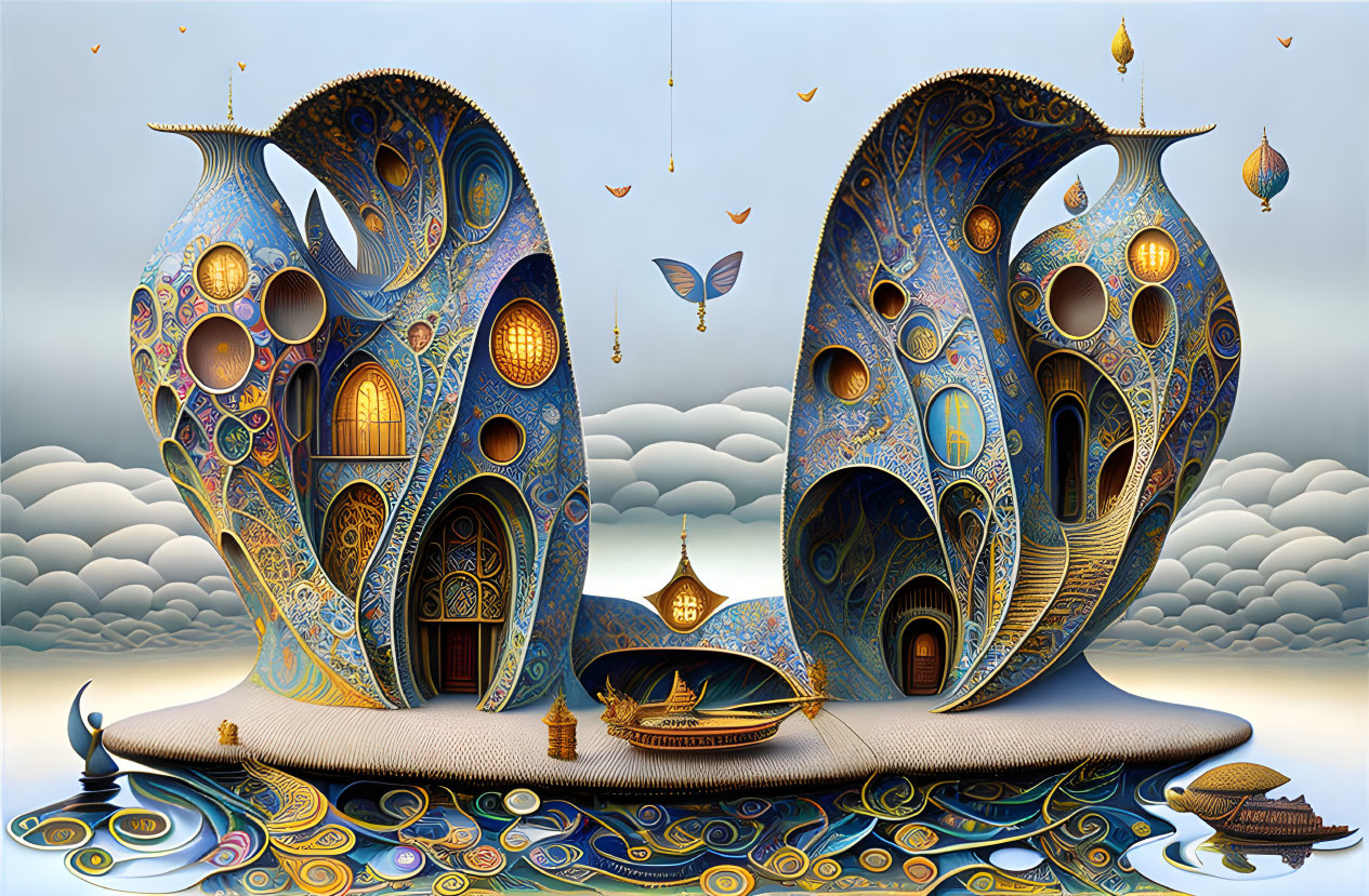 Symmetrical shell-like structures in a fantasy landscape