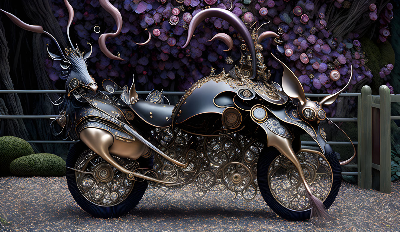 Ornate steampunk motorcycle with intricate gears and metallic curves in floral setting