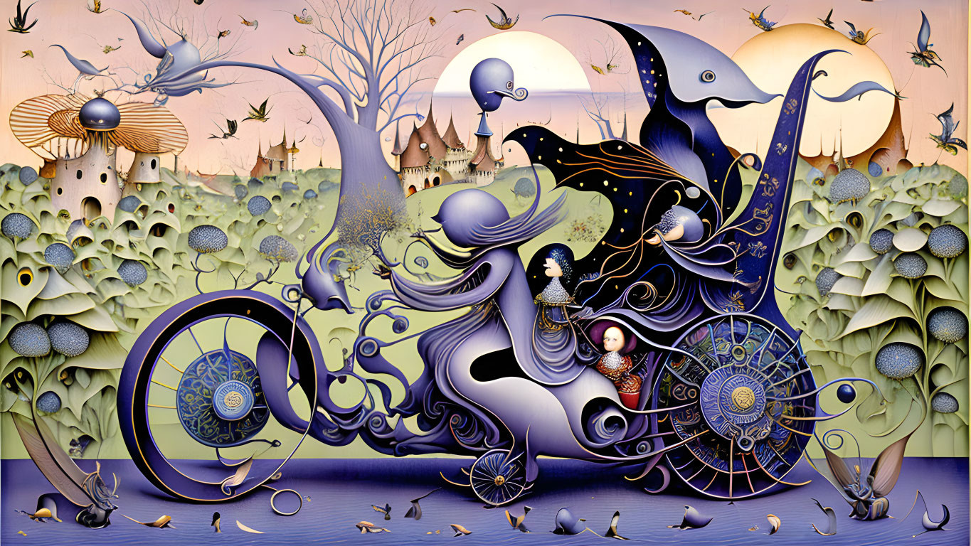 Ornate surreal artwork: woman, creatures, twilight landscape