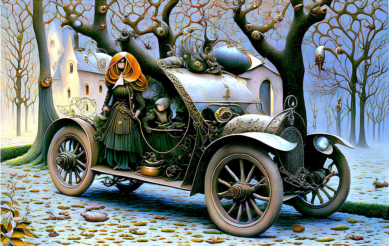 Vintage car with snail shell adornments in surreal autumn landscape