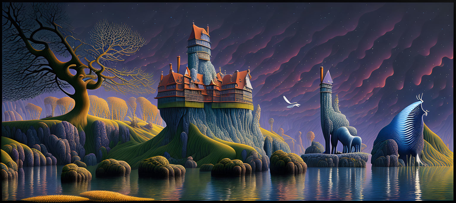 Fantastical landscape with castle, owl, striped hills, tree, zebra-striped unicorn under twilight