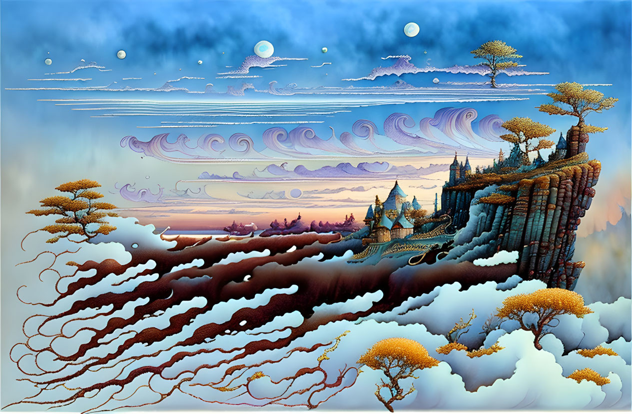 Layered cliffs, castle, whimsical trees under blue sky with moons