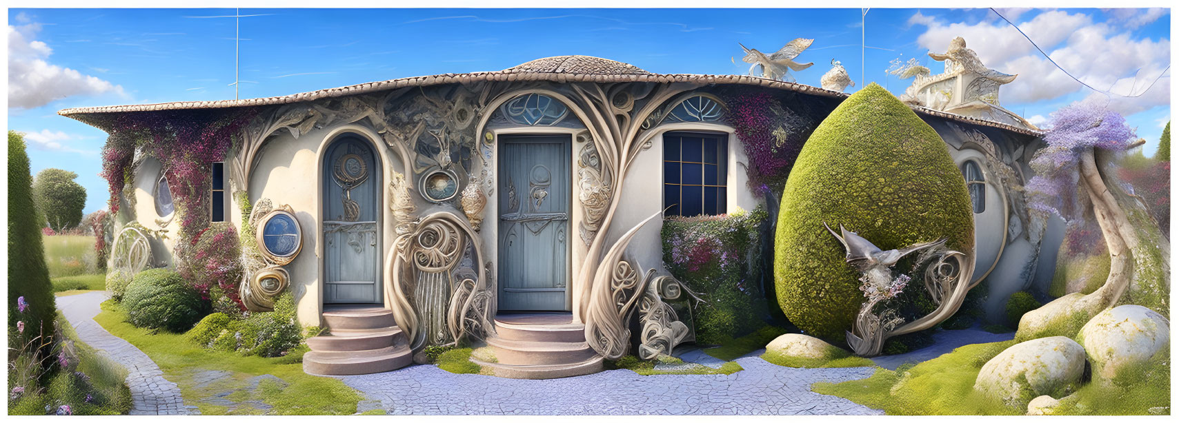 Whimsical house with round doors, sculpted plant-life, and fantastical statues