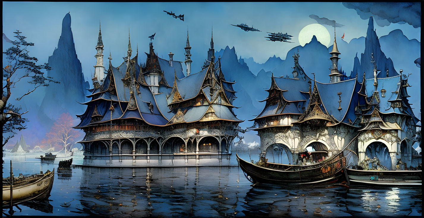 Moonlit lakeside castle with spired rooftops, boats, and flying ships