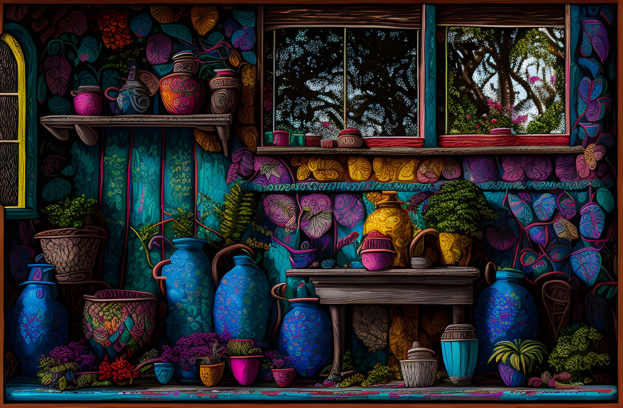 Colorful Patterned Pottery Displayed in Dark Room with Turquoise Walls