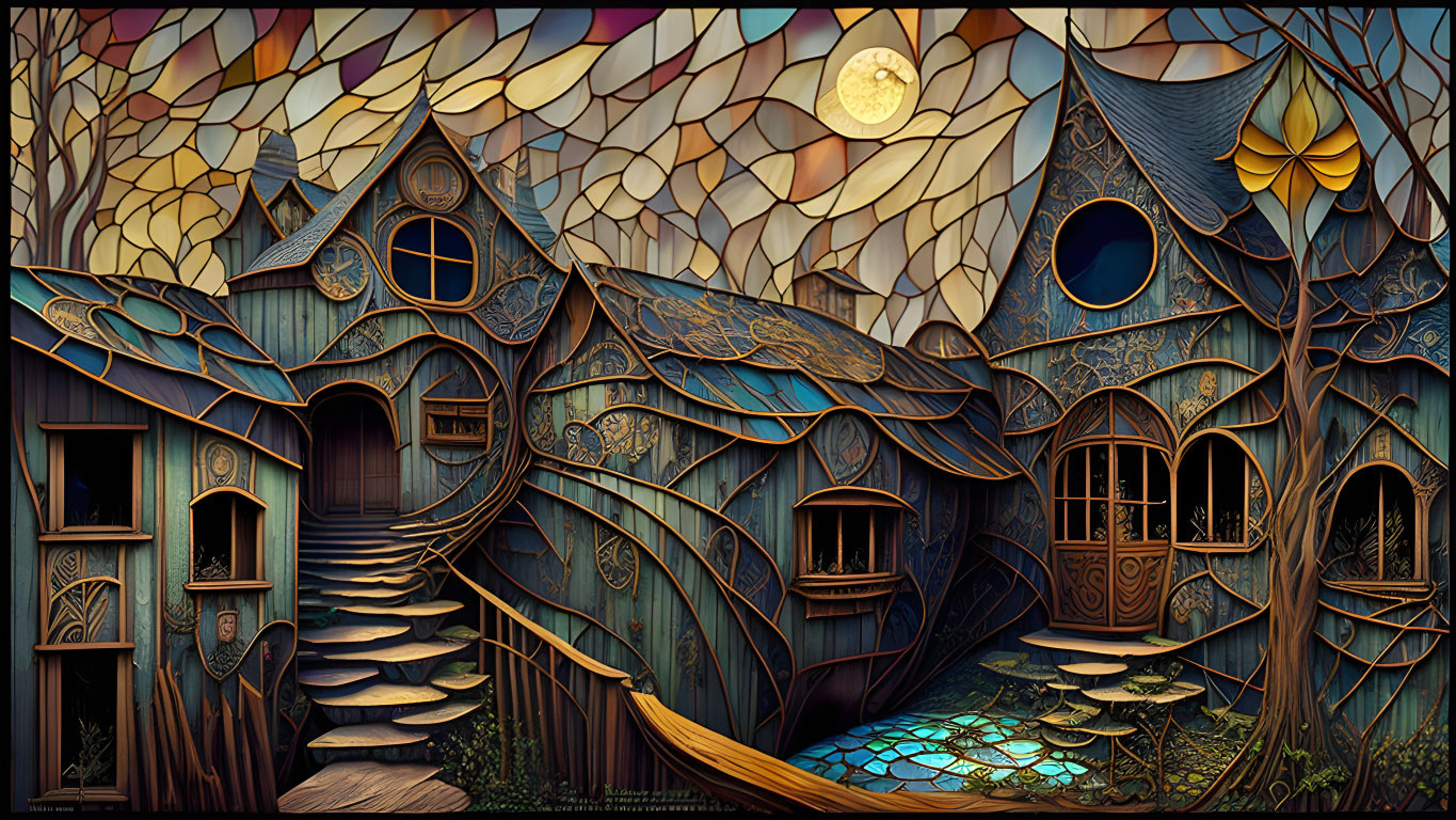 Fantasy treehouse illustration with wooden structures and stained glass details