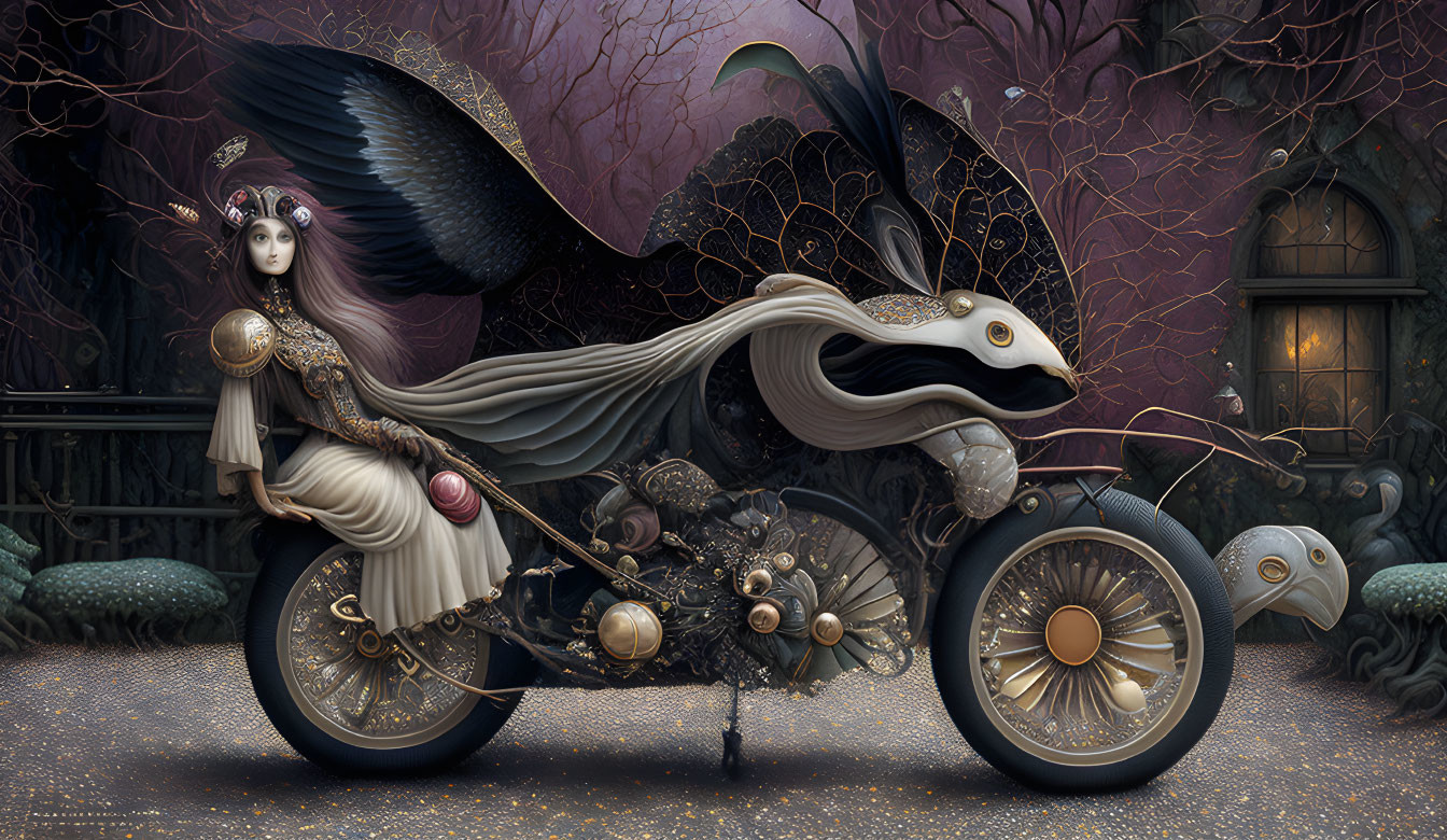 Ethereal winged figure on steampunk motorcycle in dark forest