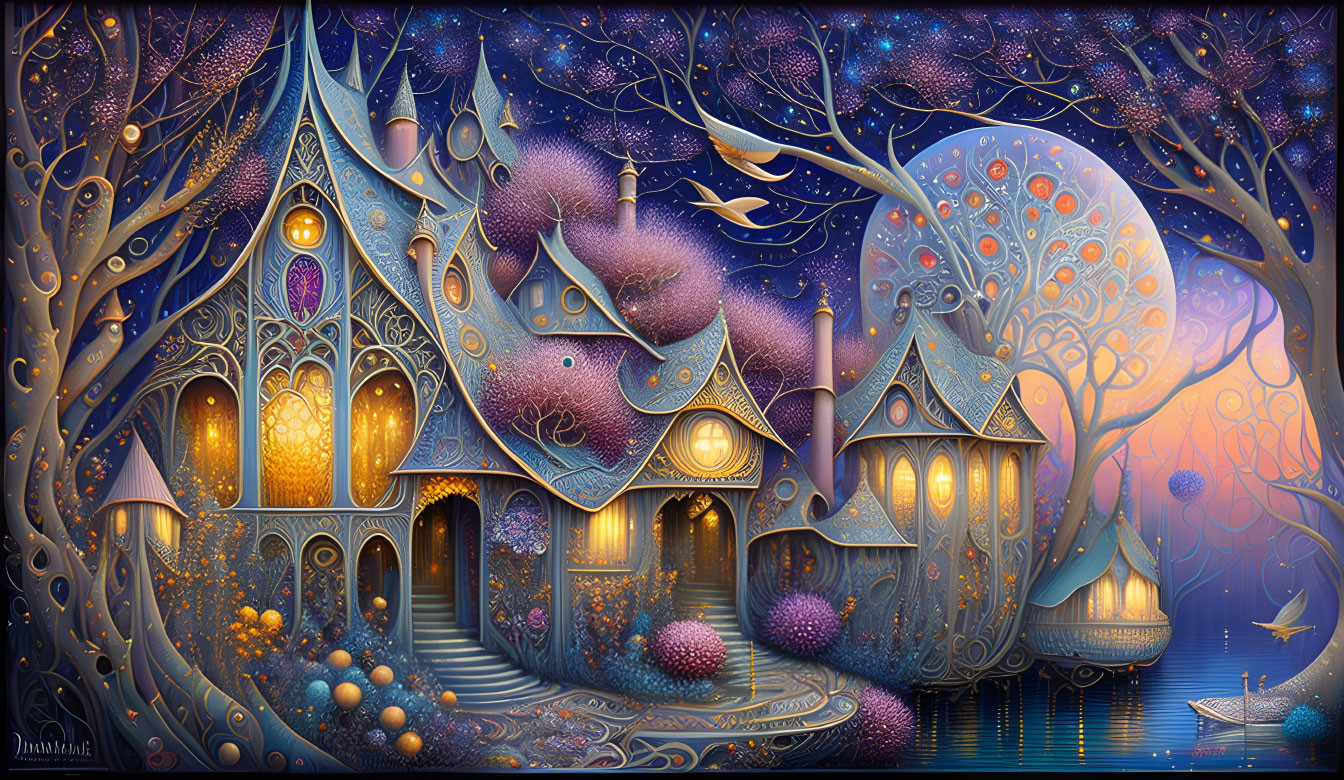 Fantasy house illustration with glowing windows and starry sky