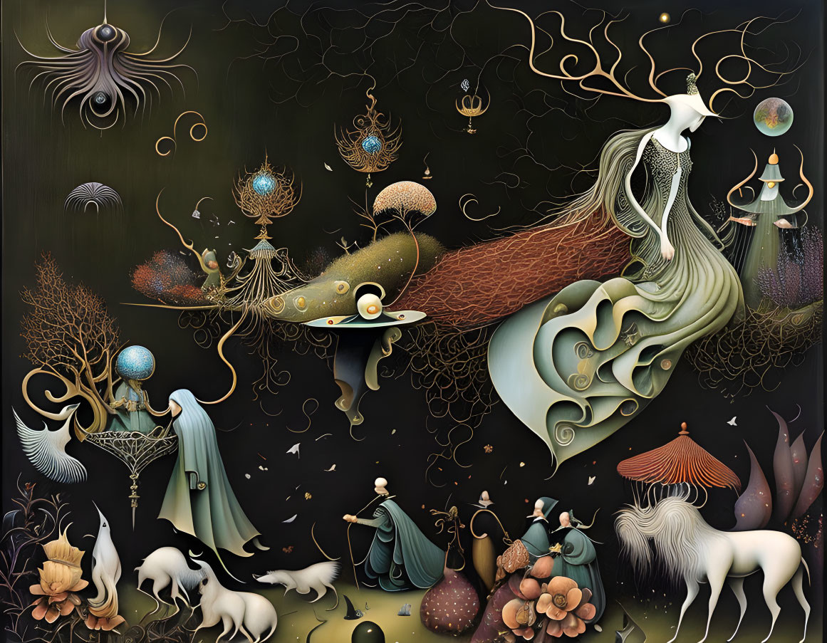 Ethereal figures in surreal dark landscape with orbs, plants, horse.