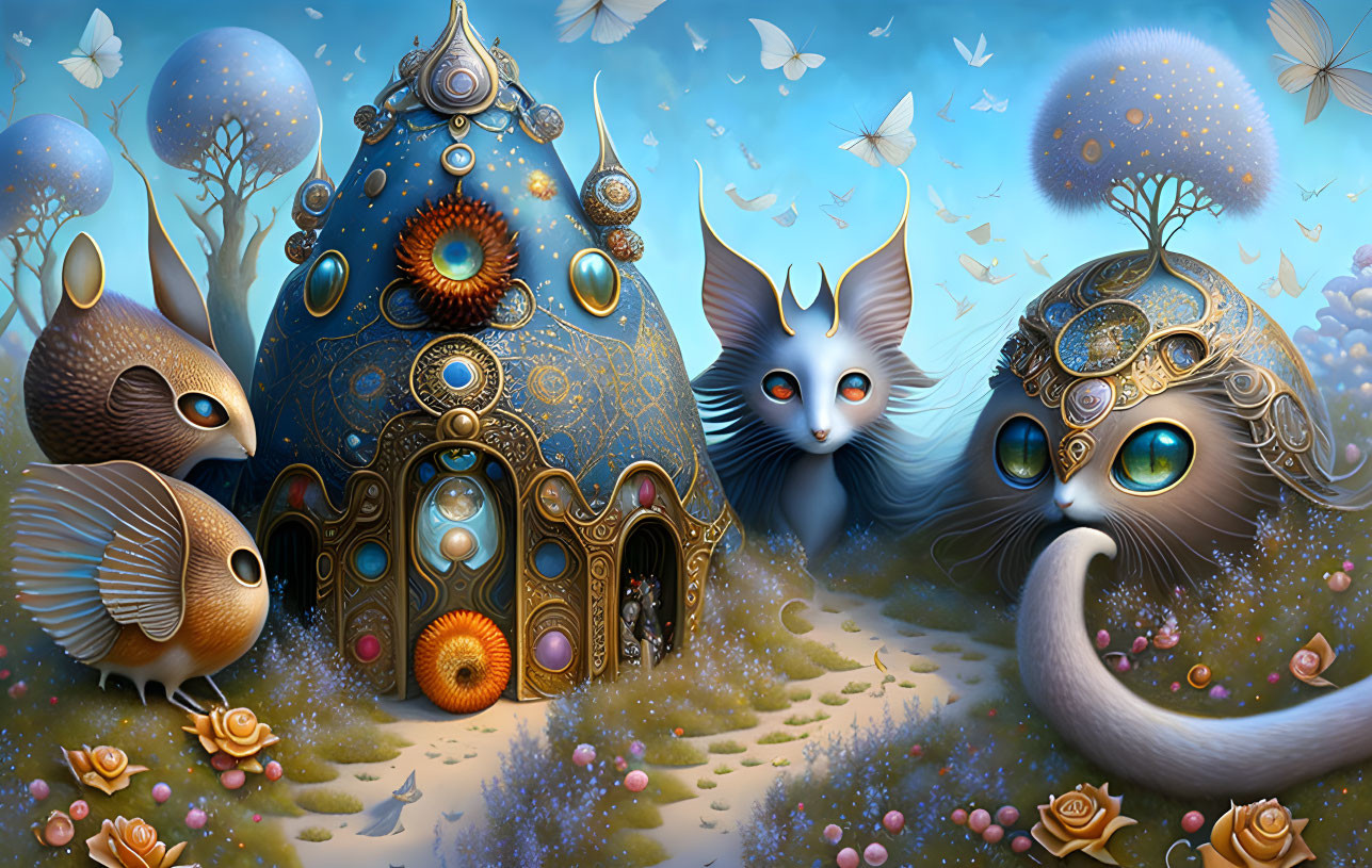 Fantastical illustration of ornate animal-like creatures and jeweled palace.