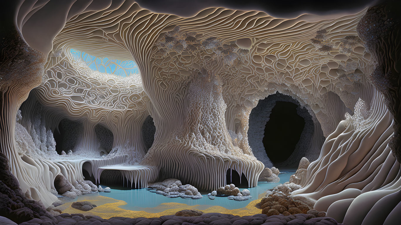 Intricate fantasy cave landscape with stalactites and water pools