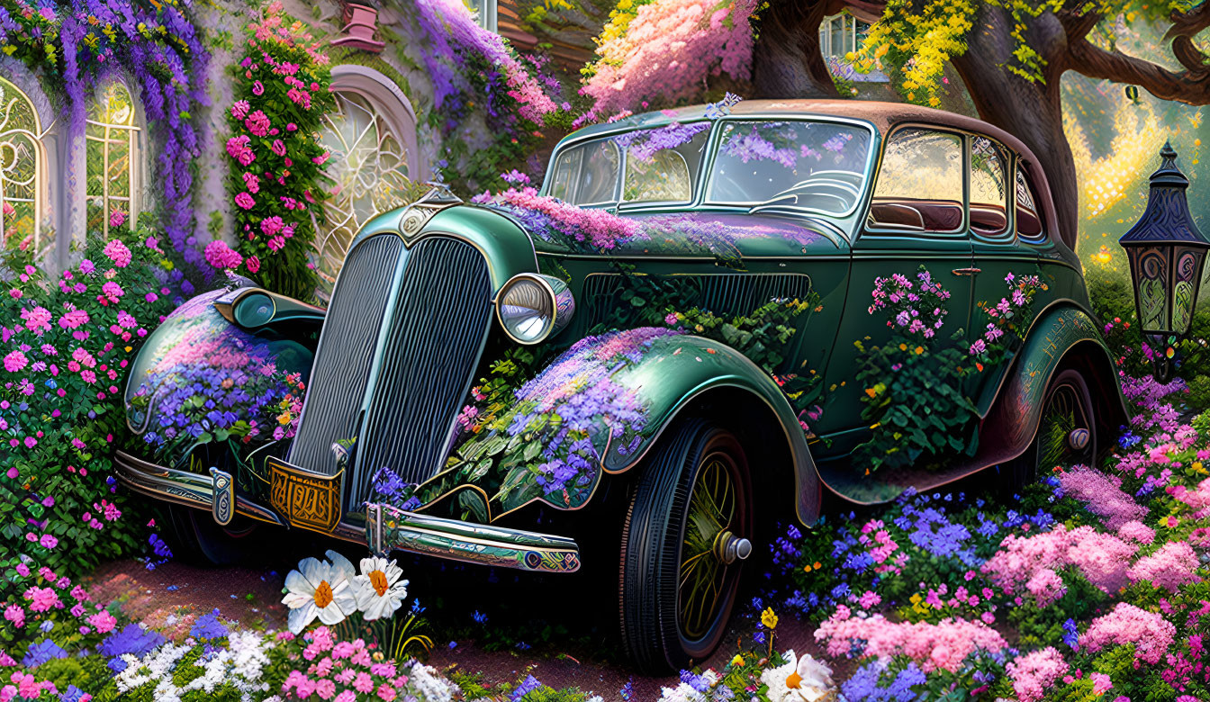 Vintage Car Covered in Vines and Flowers in Colorful Garden